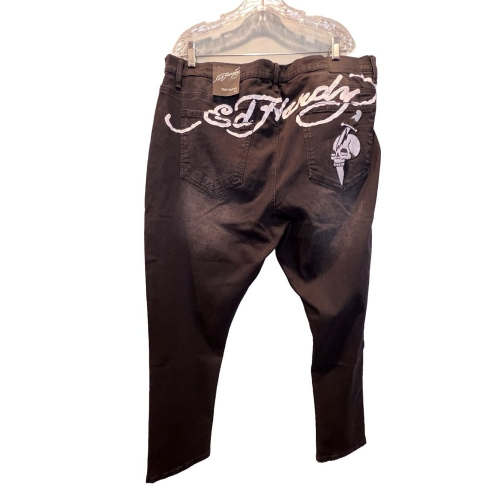 Ed Hardy Mens Black Denim Jeans Size 42 NEW NWT Slim Taper Fit Skull Patch